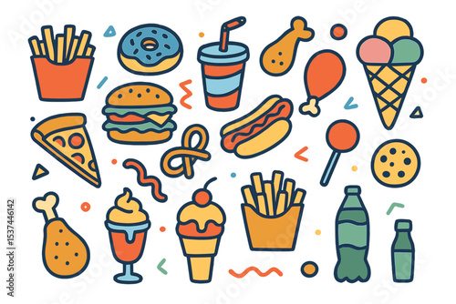 Collection of manually illustrated icons depicting fast food items and desserts in a doodle style