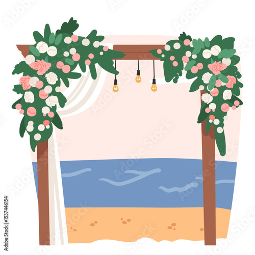 Wedding ceremony luxury floral arch decorative element standing at seaside idyllic cartoon scene