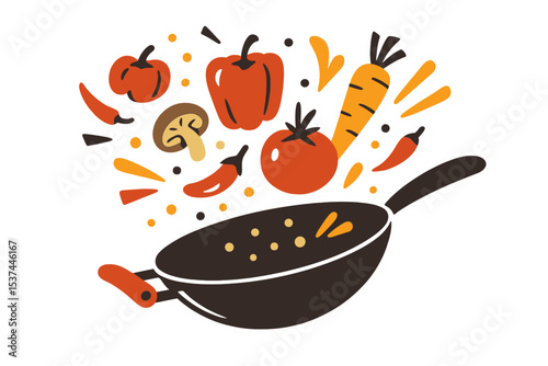 A wok pan contains tomato, paprika, pepper, shiitake mushroom, and carrots, which are components of Asian food, depicted as fresh flying vegetables in a flat vector illustration