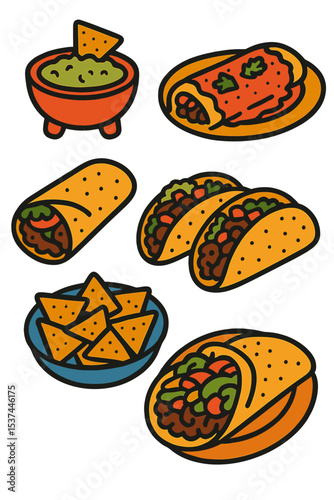 A selection of traditional Mexican dishes including Guacamole, Enchilada, Burrito, Tacos, and Nachos