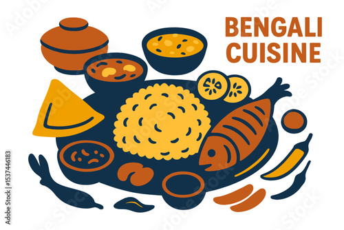 Traditional cuisine of Bengal and a typical meal thali from West Bengal, India