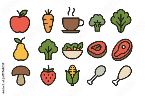 Minimal thin line icons of food, including fresh fruit, vegetables, coffee, salad, and meat, are available with editable stroke in vector illustration