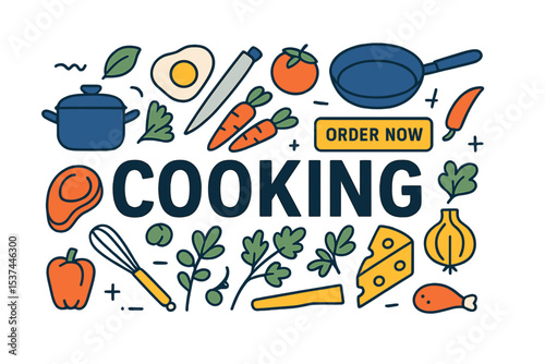 A template for designing posters about cooking is available, featuring a flyer with various food items and meal ingredients, suitable for a culinary blog, classes, or a cuisine channel, and including