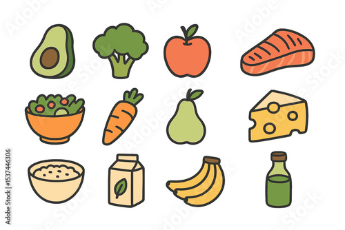 Vector icons of healthy food are available, featuring hand-drawn designs and cute eating doodles on a white background