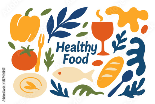 Abstract food elements and healthy compositions in a modern, trendy Matisse-inspired minimal style for restaurant and kitchen posters that invite, with vector arrangements suitable for greeting card
