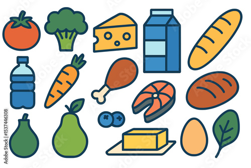 A set of vector icons featuring cartoon food and drinks is available, showcasing a supermarket's merchandise assortment in isolation, along with meal clipart illustrations and a collage of grocery