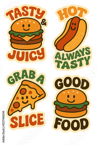 Posters for fast food, featuring retro 70s-style cards and stickers of burgers, hot dogs, and pizzas, along with funky branding patches and slogans, quotes, and groovy food characters, all on trendy
