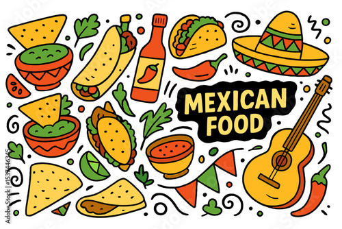Mexican food is depicted in a trendy black and white line art style, featuring hand drawn doodles and cartoons in a vector set themed around Mexican cuisine