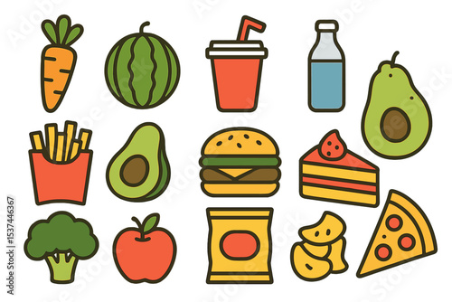 A set of colorful icons representing various types of food, including healthy options like vegetables and fruits, as well as fast food items such as burgers and fries, are depicted in a flat vector