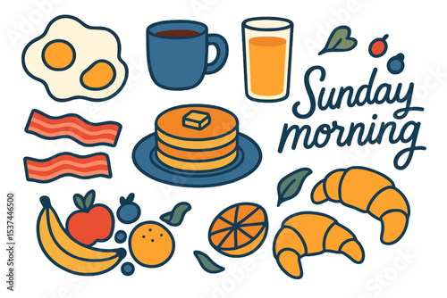 A vector set of food icons includes scrambled eggs, coffee, orange juice, bacon, pancakes, fruit, and croissants, forming a scrapbook collection of breakfast dishes with a handwritten inscription