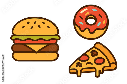 Illustrations of fast food including burgers, pizzas, and donuts for a restaurant