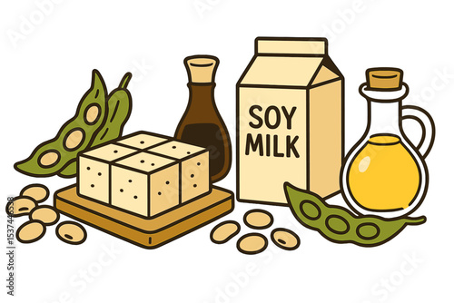 A collection of cartoon illustrations featuring soy products, including organic vegan protein food, white beans, tofu, sauce, milk, oil, legumes, and other natural elements for a healthy diet in a
