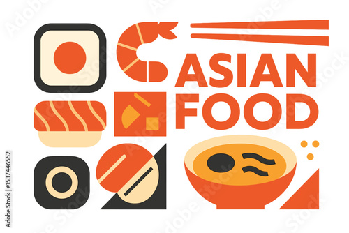 Vector design featuring a minimal Asian food geometric banner with a Japanese and Chinese seafood background including sushi, shrimp, sashimi, and salmon soup