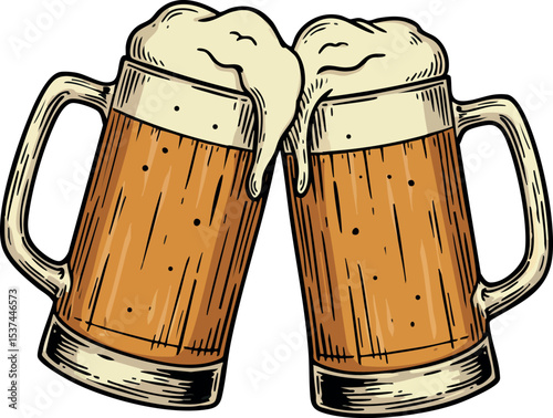 Two clinking beer mugs with foam hand drawn vector illustration for celebration and friendship 