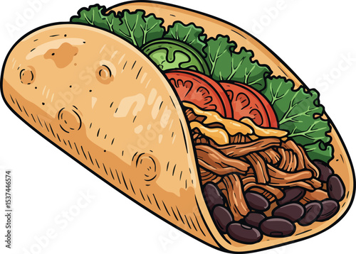 Mexican pulled pork taco with beans lettuce tomato and cheese vector illustration 