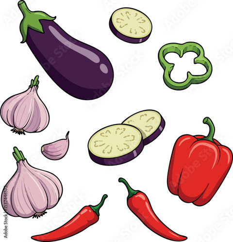 Eggplant red bell pepper chili pepper garlic green bell pepper slices vector illustration fresh vegetables 
