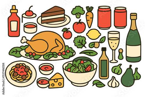 Vector illustrations of food and drinks are depicted on a white background, including prepared meals, desserts, and ingredients