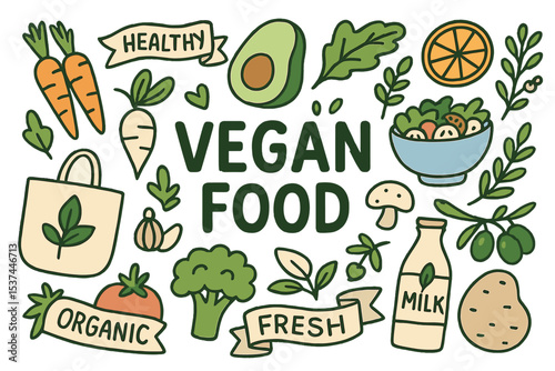 Vector illustration of a hand drawn vegan food doodle set featuring green lettering
