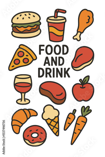 The vector set includes food and drink, along with hand-drawn elements of food