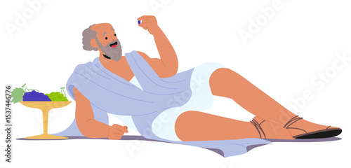Excited lazy elderly philosopher comic ancient cartoon character lying eating grapes thinking