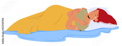 Sad woman cartoon sleepless character suffering from night sweats menopause syndrome lying on bed