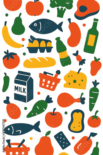 The supermarket features a seamless pattern of grocery items including food, drinks, vegetables, fruits, fish, meat, dairy products, and sweets