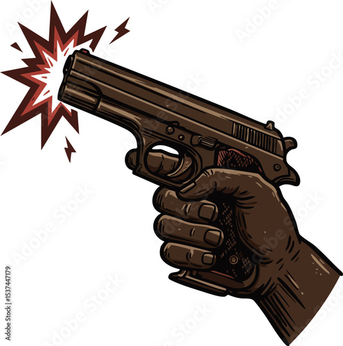Hand holding firing pistol gun with muzzle flash and sparks vector illustration 