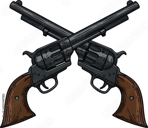Crossed vintage revolver guns with wooden handles classic weapon vector illustration 
