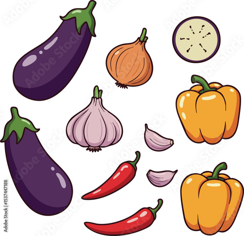 Eggplants garlic chili peppers onion and yellow bell peppers vector illustration fresh vegetables 