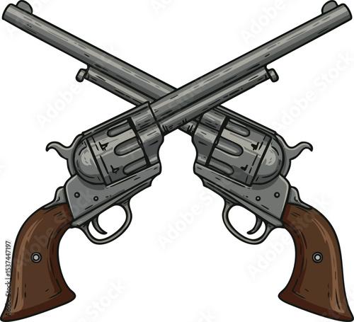 Crossed vintage revolver pistols with wooden handles vector illustration 