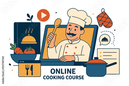 A virtual culinary school concept is depicted in a flat vector illustration featuring a chef peeking out of a screen, symbolizing an online cooking course and internet recipe