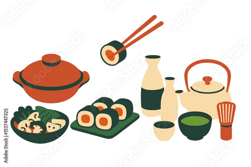 A collection of traditional Japanese food, including donabe hot pot, sushi rolls, sake bottles, and a matcha tea set, showcasing various Asian cuisine dishes and meals in a flat design style