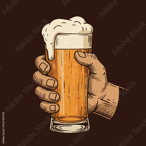 Hand Holding Glass of Beer with Foam Vector Illustration in Brown Background 