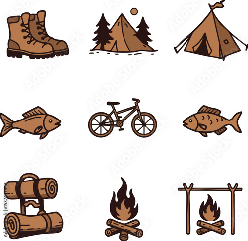 Camping and Hiking Gear Vector Set with Brown Hiking Boots Tent and Fire Icons