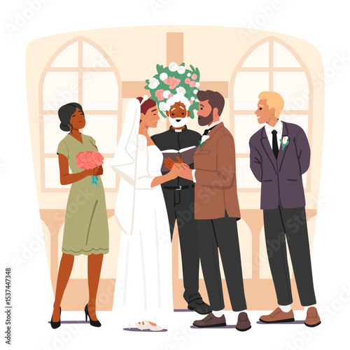 Traditional wedding ceremony in church with priest for happy loving bride and groom cartoon scene