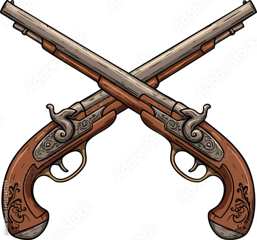 Crossed vintage pistols with wooden handles and metal barrels vector illustration 