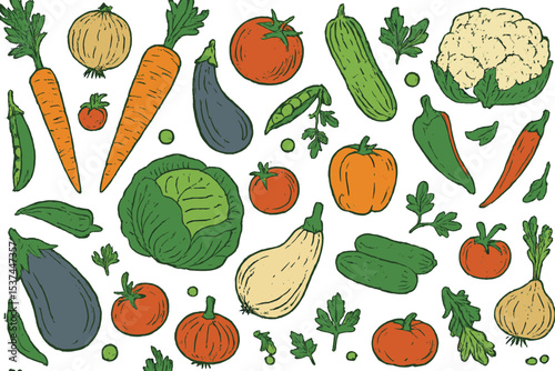 A hand-drawn seamless pattern of vegetables, presented as a vector background that incorporates healthy food elements in a vintage aesthetic, suitable for various design applications