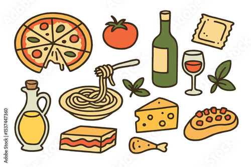 A collection of hand-drawn doodles featuring simple Italian cuisine food sketches on a white background
