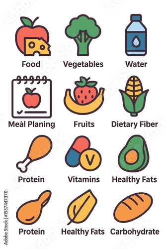 This icon set is centered around nutrition, featuring a variety of symbols for food, vegetables, water, meal planning, fruits, dietary fiber, protein, vitamins, healthy fats, and carbohydrates, all