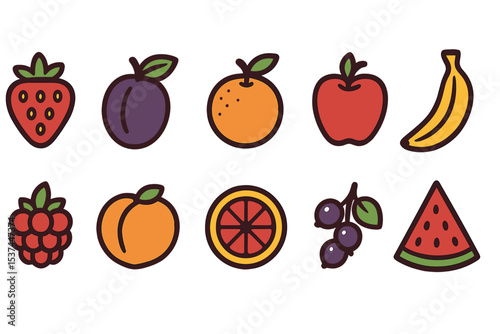 Vector cartoon set of food symbols including strawberry, plum, orange, apple, banana, watermelon, raspberry, peach, grapefruit slice, currant, and gooseberry isolated on background as fruit and