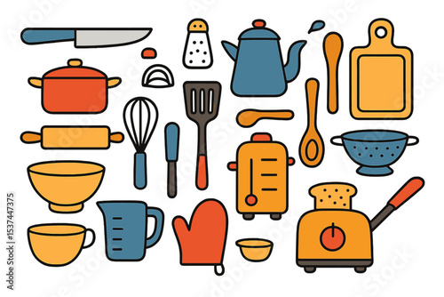 A set of kitchen food cooking utensils and tools is depicted in a doodle vector illustration isolated from its surroundings