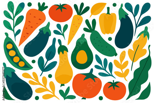 A Scandinavian-inspired summer wallpaper features a minimalist retro pattern of abstract vegetables, organic food, and leaves in a modern ornamental vector print