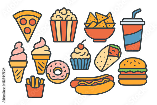 Vector icons of isolated fast food items include pizza, popcorn, nachos, and taco, accompanied by a soda drink, as well as ice cream, donut, and cupcake, along with burritos, burger, hot dog, and