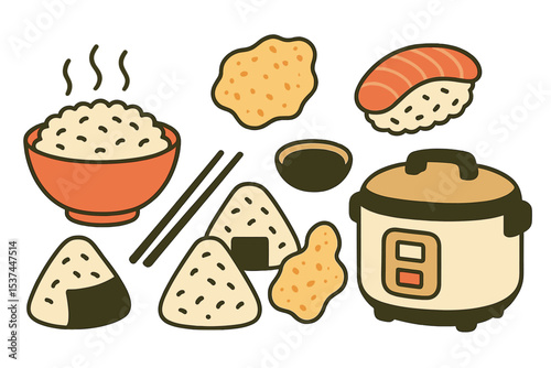 Asian food concept featuring rice-based dishes including onigiri, nigiri sushi, and rice chips, accompanied by soy sauce and chopsticks, with a rice cooker, presented in a hand-drawn modern vector