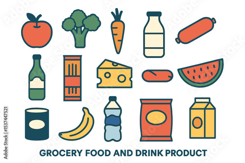A vector flat illustration featuring a diverse set of grocery food and drink products, including various fruits, vegetables, beverages, snacks, and cans, all isolated on a white background
