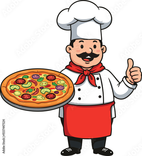 Cartoon chef holding freshly baked pizza with vegetables and thumbs up gesture vector illustration 