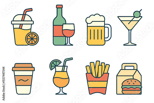 A set of linear icons for takeaway food and drinks to go, including fresh juice, alcoholic beverages like wine, beer, and cocktails, all presented as customizable thin line contour symbols