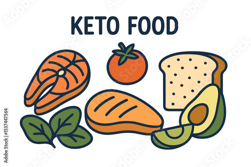 A variety of nutritious food combinations, including keto options, such as salmon with spinach and tomato, paired with meat and bread, depicted in a vector illustration