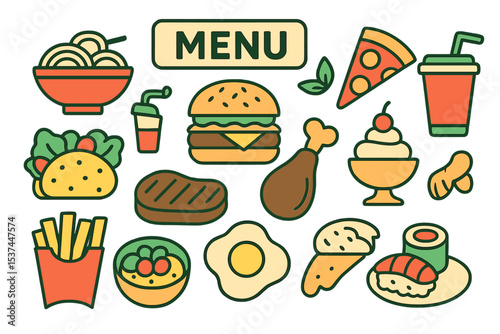 Various menu food sets are depicted in a flat design vector graphic style illustration