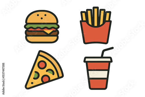 Illustrations of simple flat fast food on a light blue background, isolated from other elements